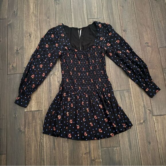 Free People Two Faces Black Smocked Floral Square Neck Mini Dress XS - Picture 1 of 8